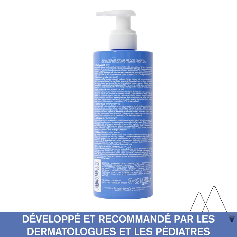 Dos d'un flacon bleu avec pompe. Texte en plusieurs langues. Inscriptions: URIAGE, Bébé, 1er Lait hydratant.
