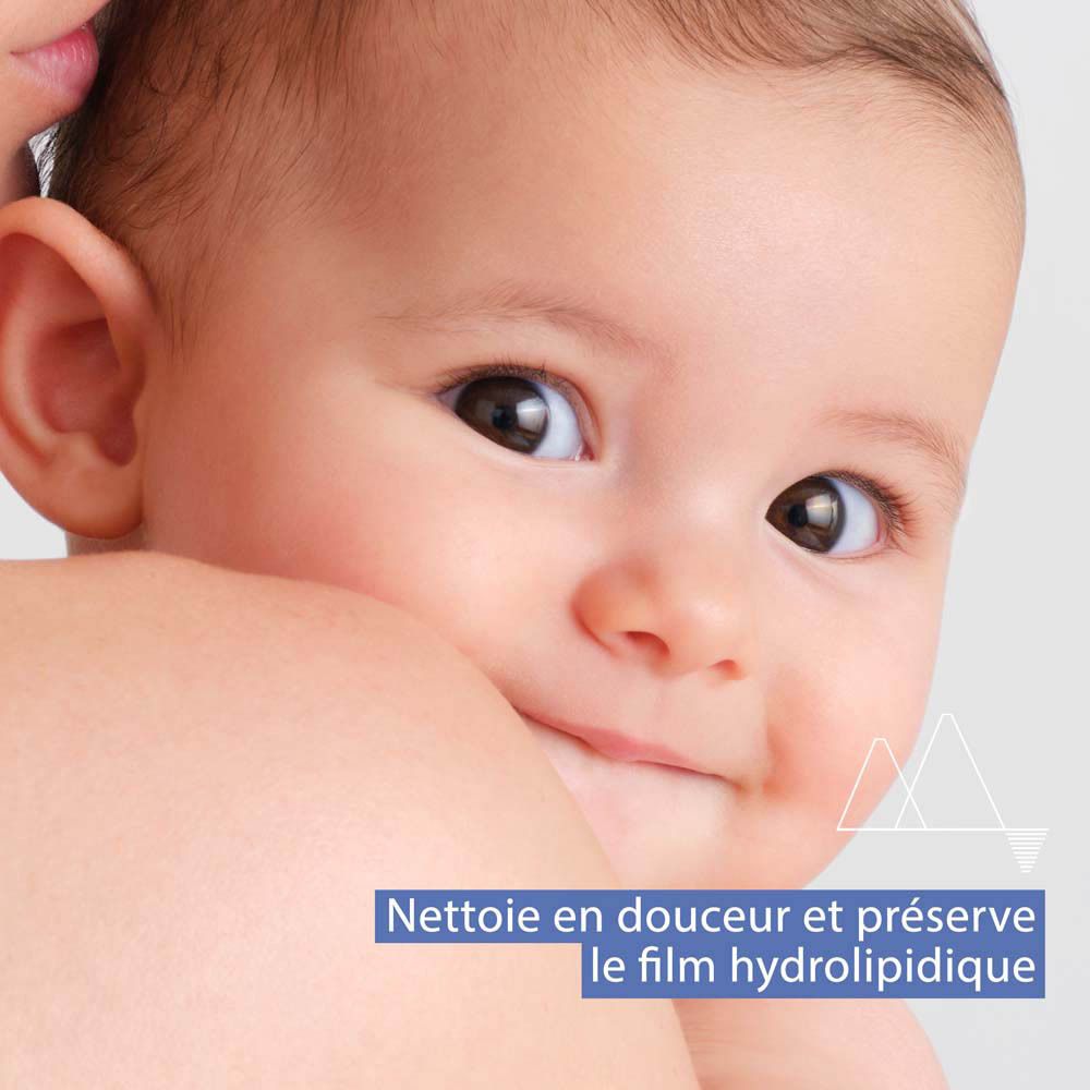 Texte: Recommandée par les pédiatres et les dermatologues. Adaptée aux nouveau-nés. Sans savon & pH physiologique.