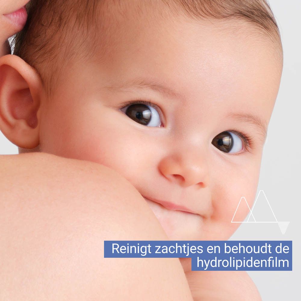Tekst: Aanbevolen door kinderartsen en dermatologen. Geschikt voor pasgeborenen. Zeepvrij & Fysiologische pH.