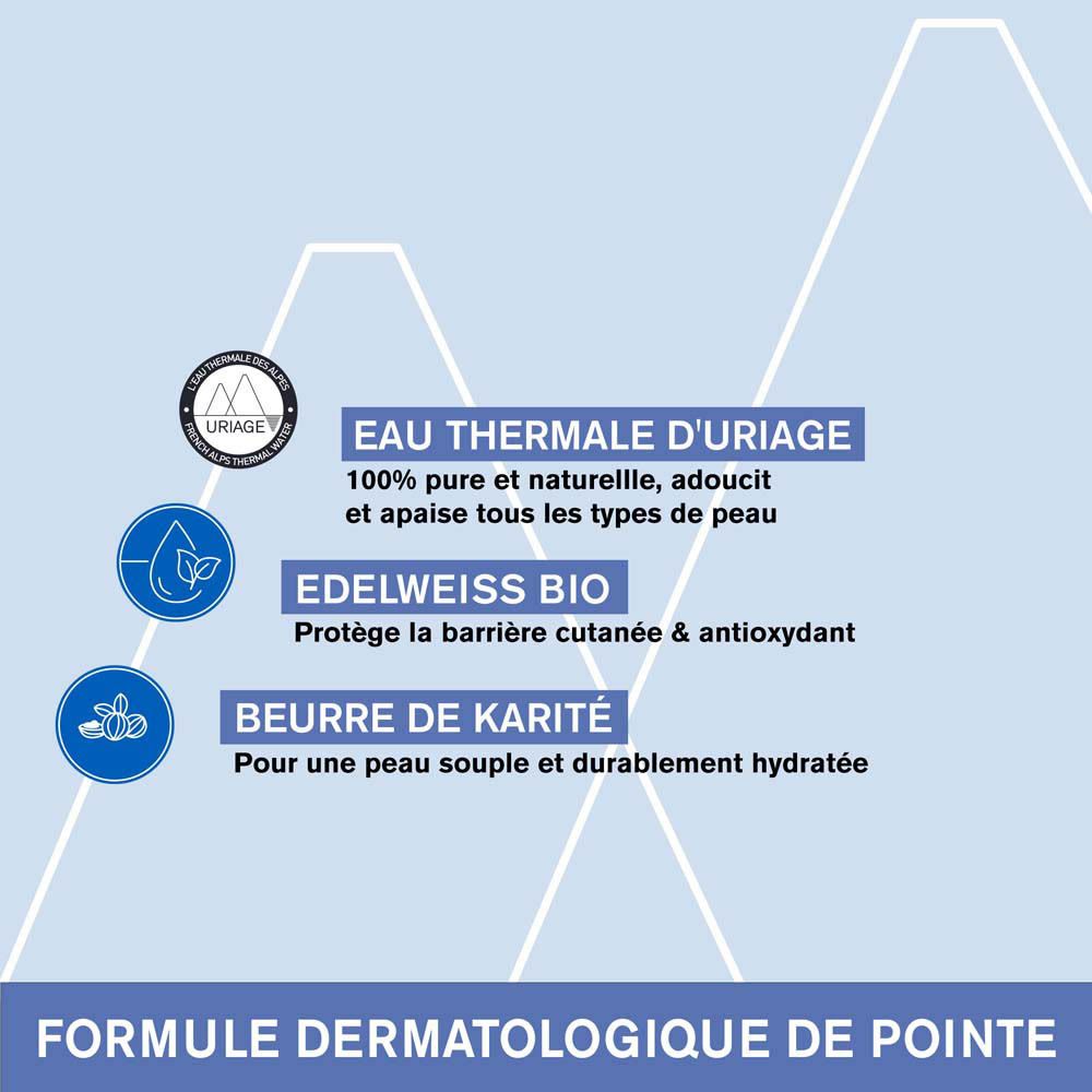 Dos du flacon bleu. Informations textuelles. URIAGE Eau Thermale Bébé 1ère Crème Lavante.