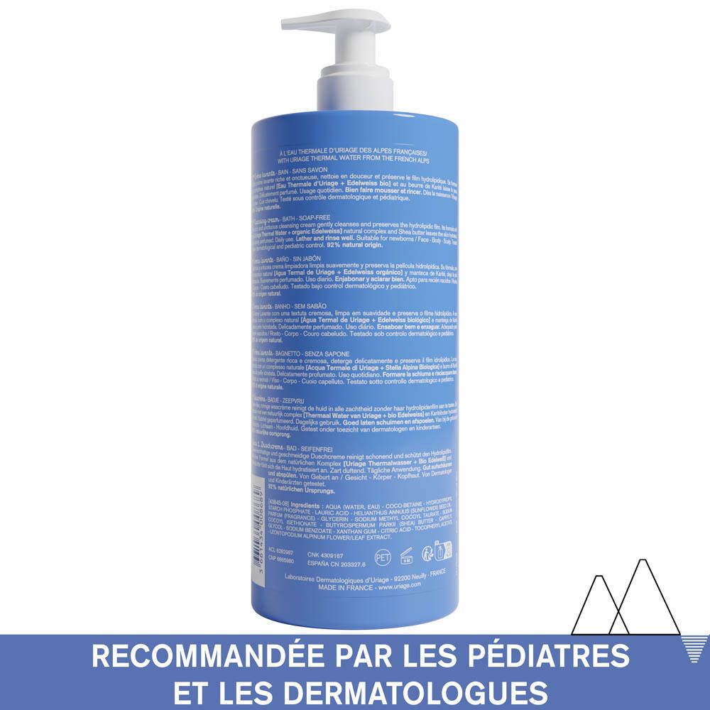 Flacon bleu avec pompe. URIAGE Eau Thermale Bébé 1ère Crème Lavante. 1 litre.