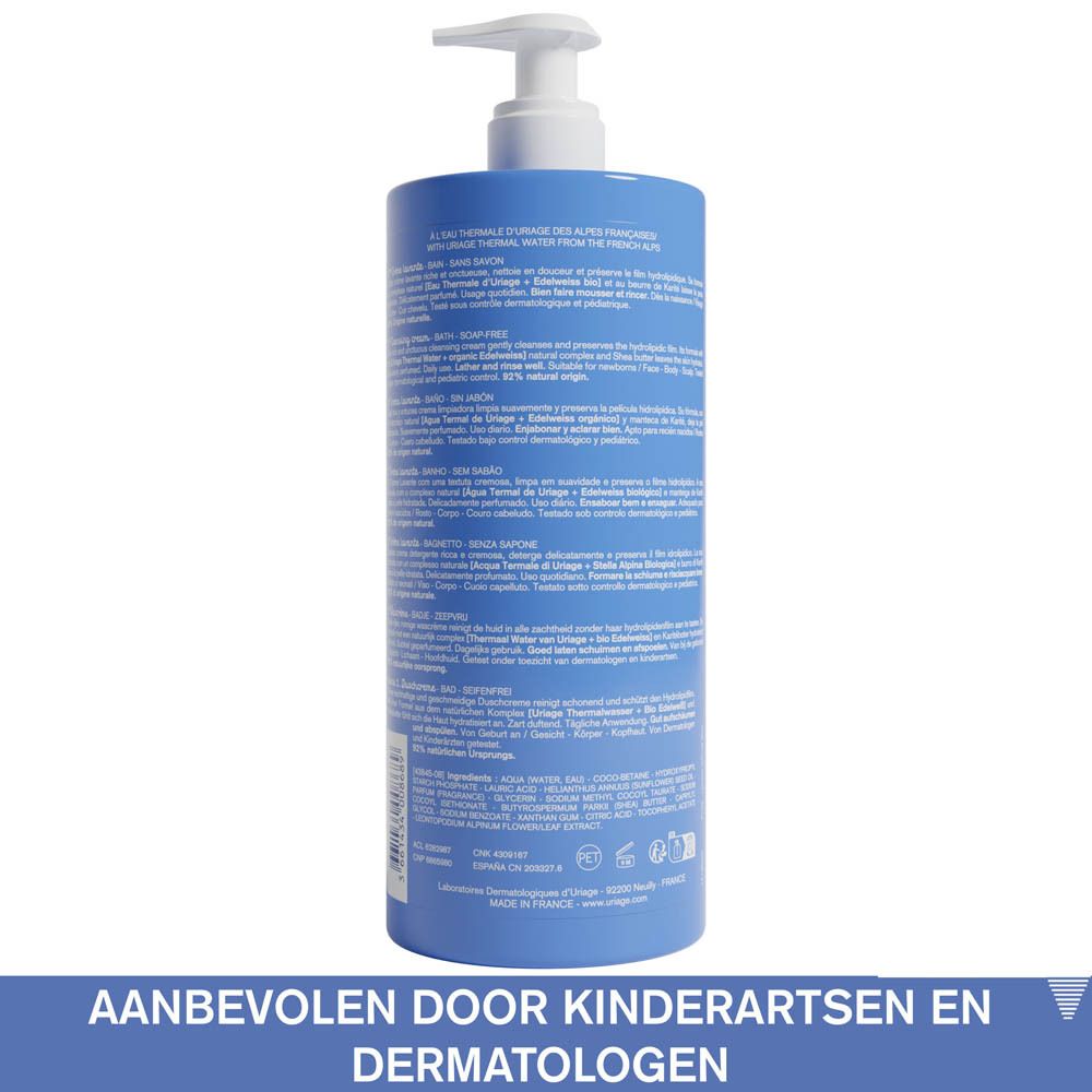 Blauwe fles met pomp. URIAGE Eau Thermale Bébé 1ère Crème Lavante. 1 liter.