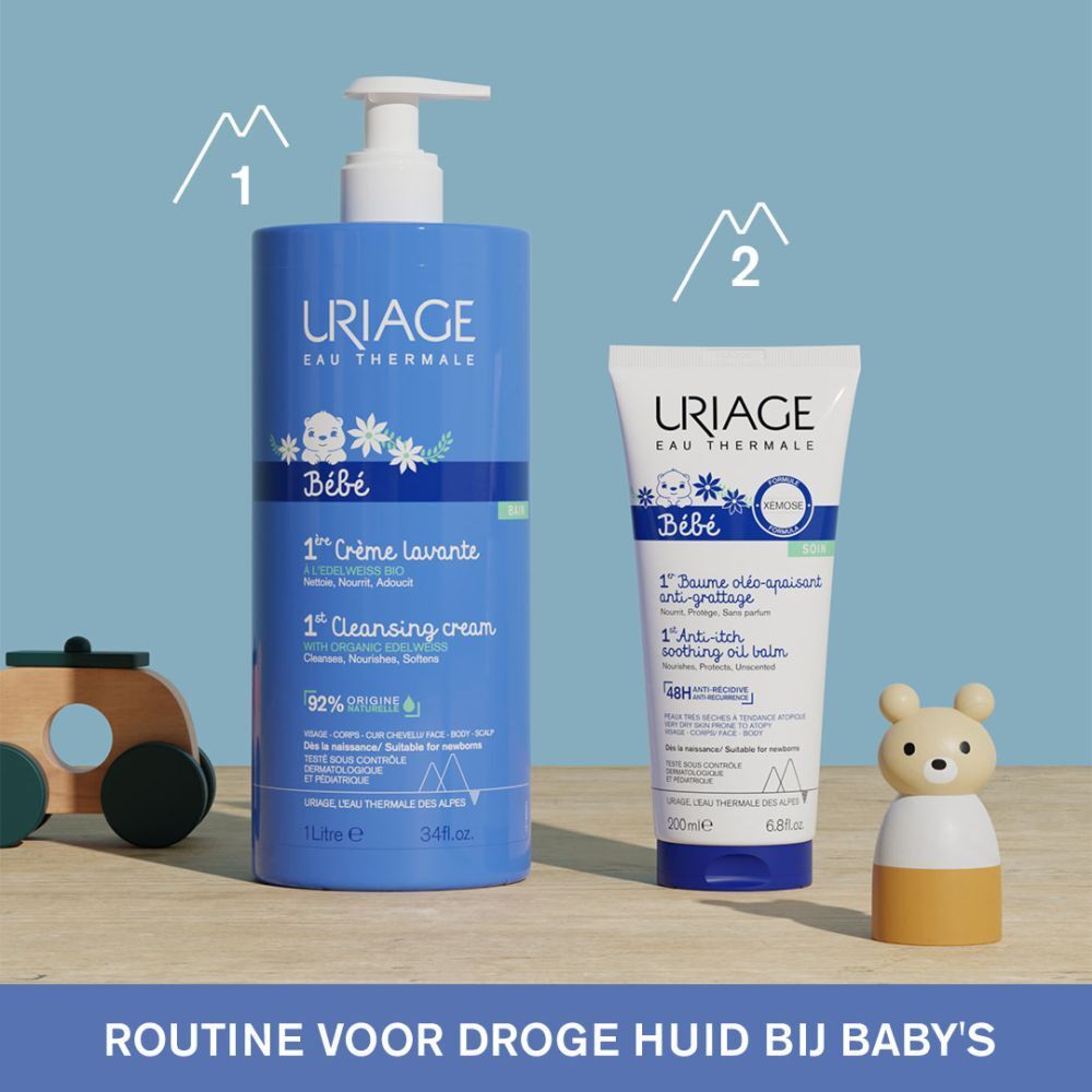 Productset: fles en tube. URIAGE Eau Thermale Bébé 1ère Crème Lavante en 1er Baume oléo-apaisant anti-grattage.