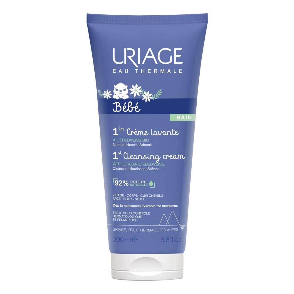 Tube bleu Uriage Bébé 1ère Crème lavante. Vue de face. Texte et illustrations.