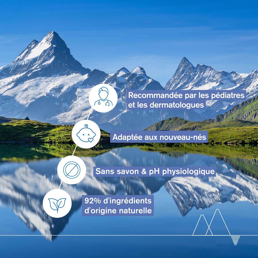 Paysage avec texte: Recommandée par les pédiatres et les dermatologues, Adaptée aux nouveau-nés.
