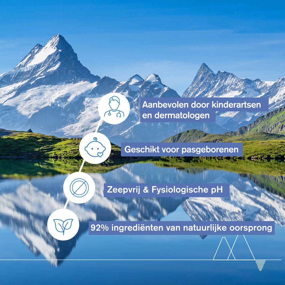 Landschap met tekst: Aanbevolen door kinderartsen en dermatologen, Geschikt voor pasgeborenen.
