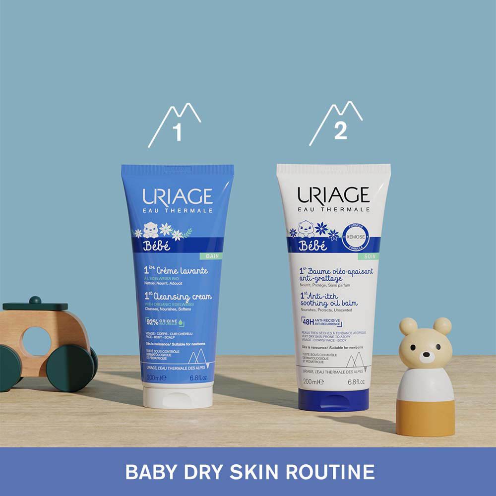 Deux tubes de produits Uriage Bébé. Texte: Baby Dry Skin Routine.