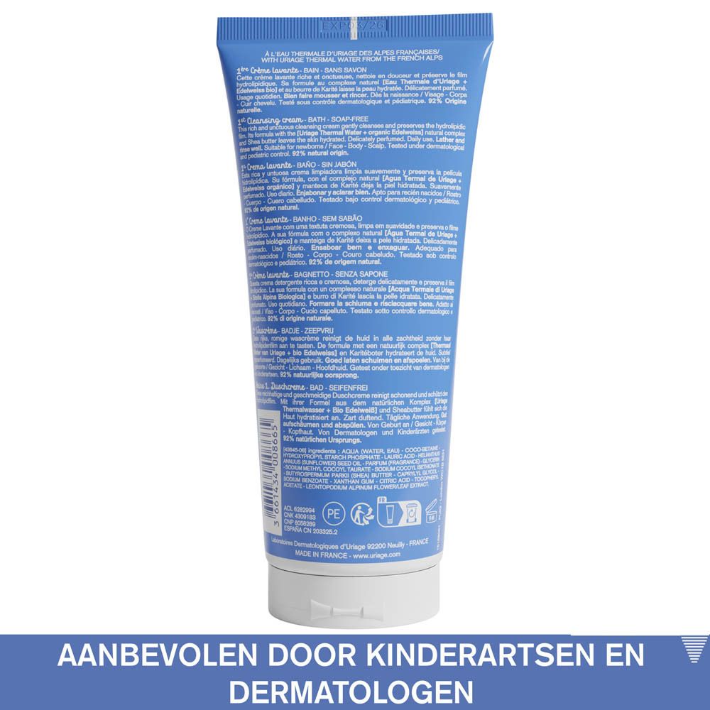Achterkant van de blauwe tube Uriage Bébé 1ère Crème lavante. Meertalige tekst.
