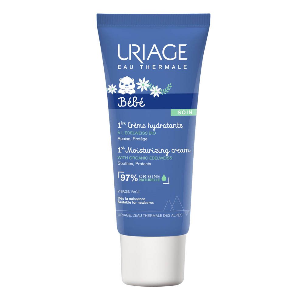 Tube bleu avec bouchon blanc. Inscription: URIAGE Bébé, 1re Crème hydratante, 97% origine naturelle.