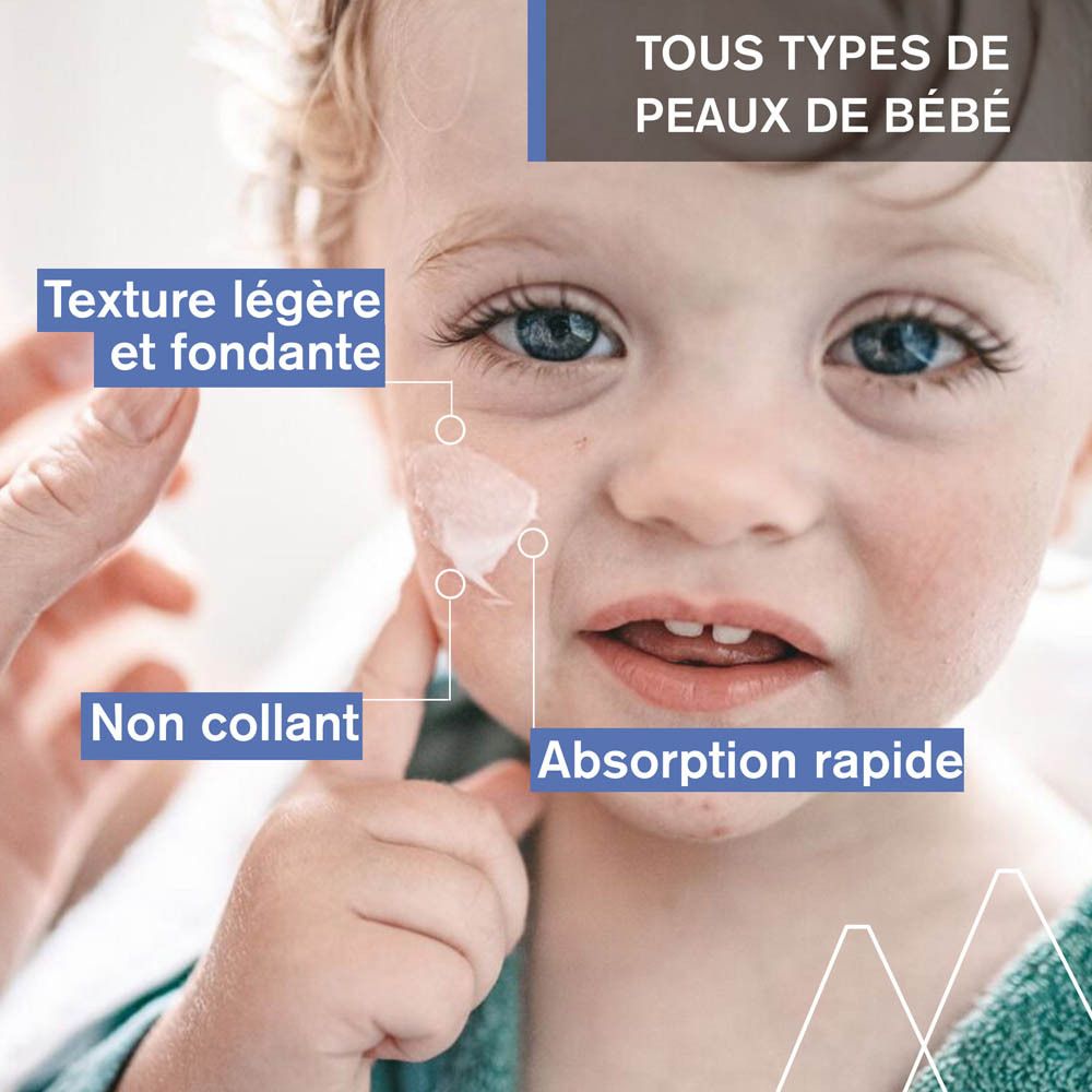 Visage de bébé avec crème sur la peau. Texte: Tous types de peaux de bébé.