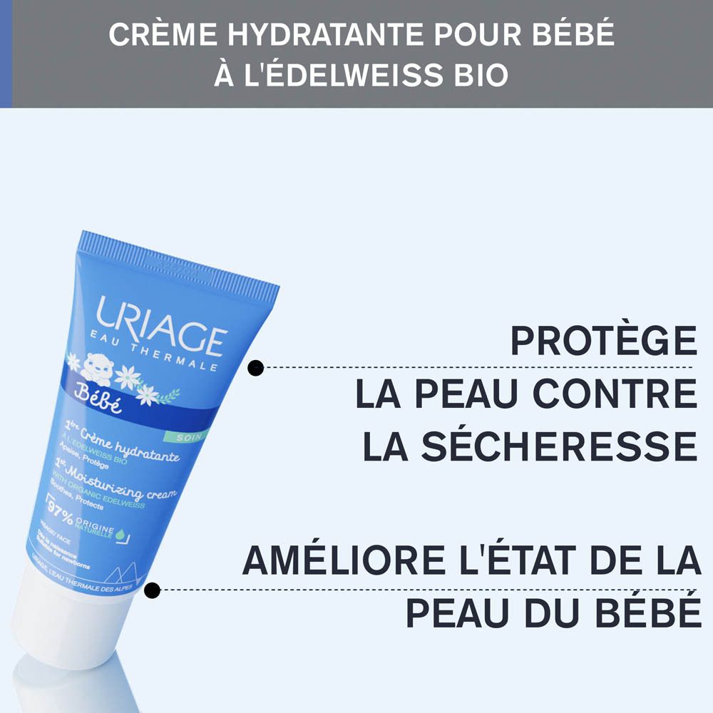 Tube bleu. Texte: Crème hydratante pour bébé à l'Edelweiss bio. Protège contre la sécheresse.