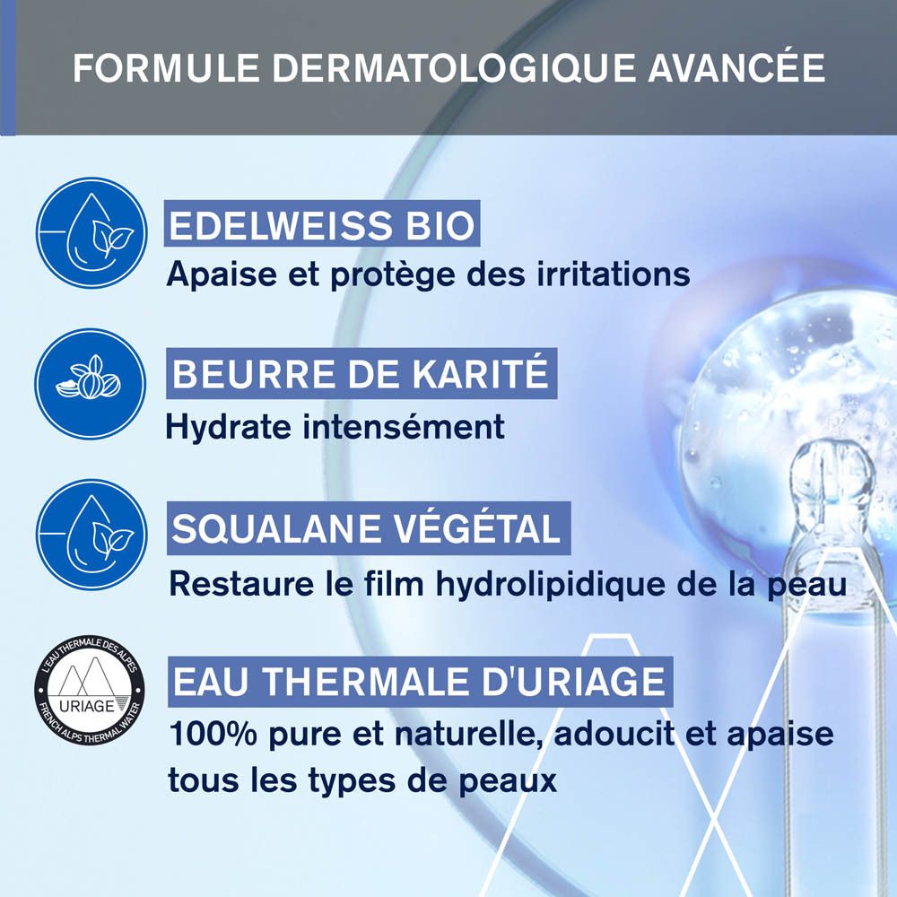 Graphique avec ingrédients: Edelweiss bio, Karité, Squalane végétal, Eau thermale d'Uriage.