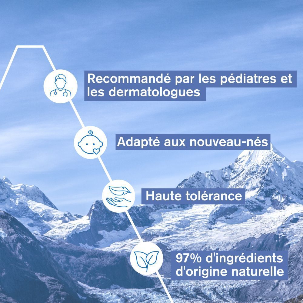 Graphique avec texte: Recommandé par les pédiatres et les dermatologues. Adapté aux nouveau-nés.