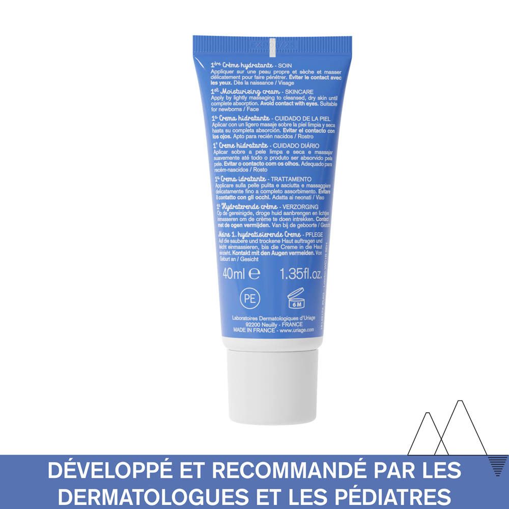 Dos du tube bleu. Texte multilingue. Volume: 40ml. Avec bouchon blanc.
