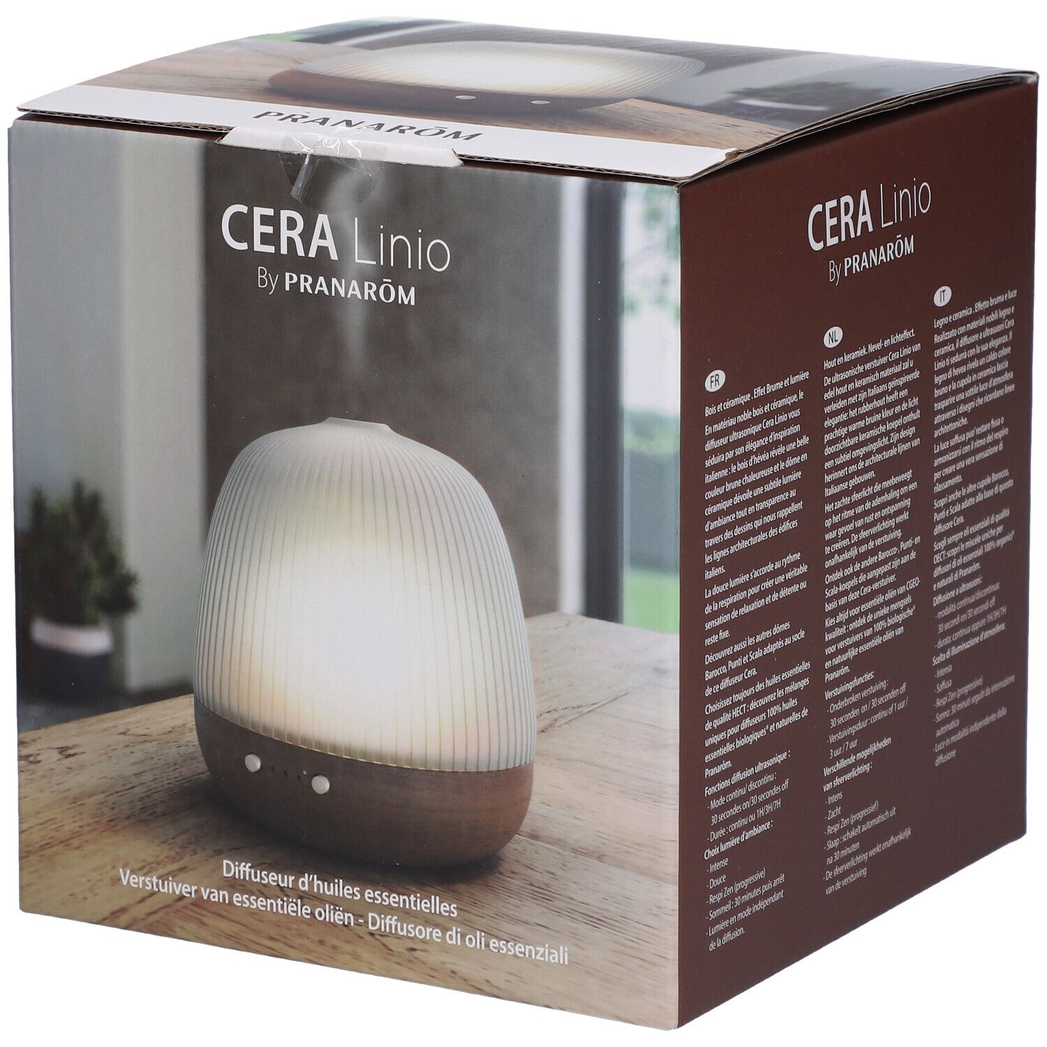 Verpakking van de CERA Linio diffuser. Hout en keramiek. Tekst: CERA Linio by Pranarôm. Opschrift: Diffuser voor essentiële oliën.
