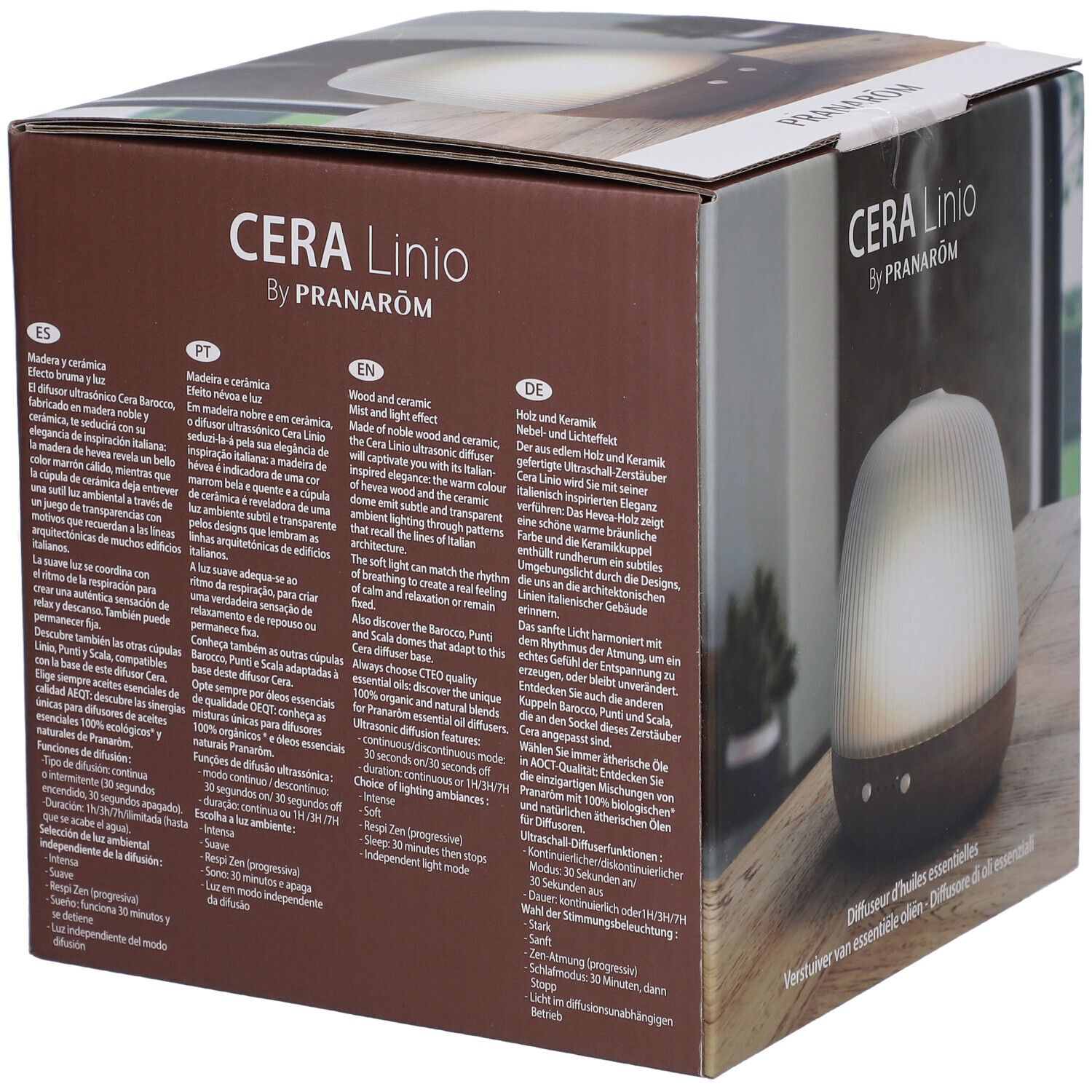 Verpakking van de CERA Linio diffuser. Hout en keramiek. Tekst: CERA Linio by Pranarôm. Meertalige tekst op de verpakking.