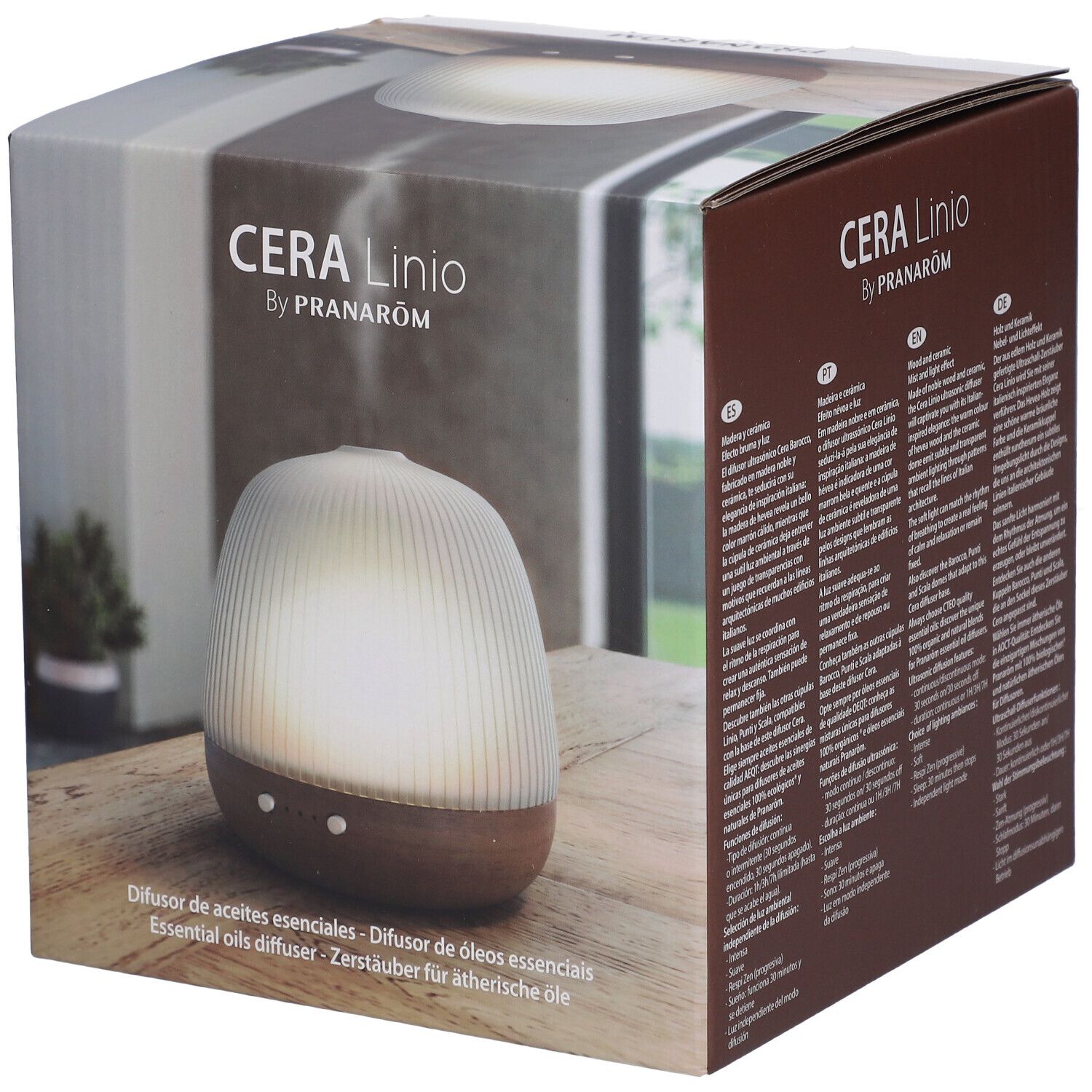 Verpakking van de CERA Linio diffuser. Hout en keramiek. Tekst: CERA Linio by Pranarôm. Opschrift: Diffuser voor essentiële oliën.