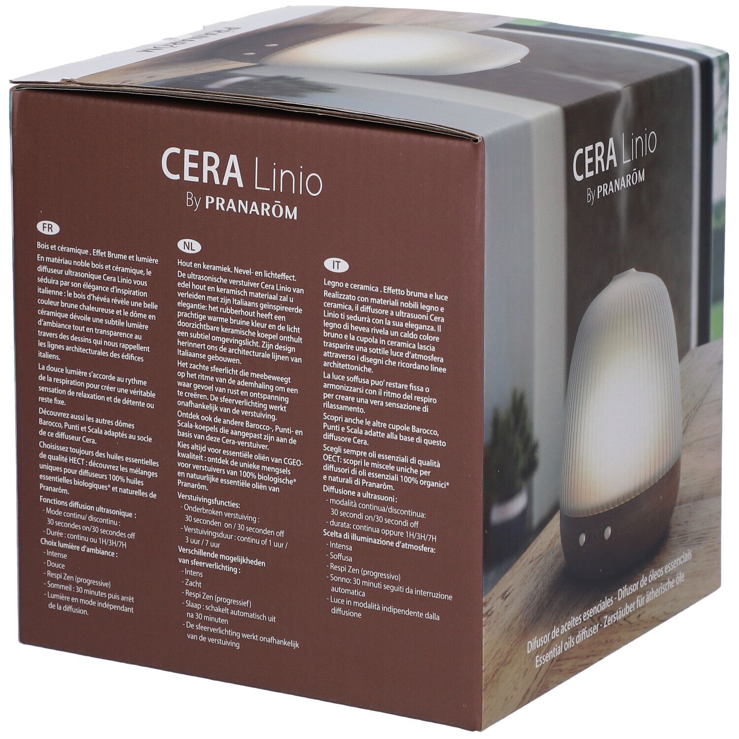 Verpakking van de CERA Linio diffuser. Hout en keramiek. Tekst: CERA Linio by Pranarôm. Meertalige tekst op de verpakking.
