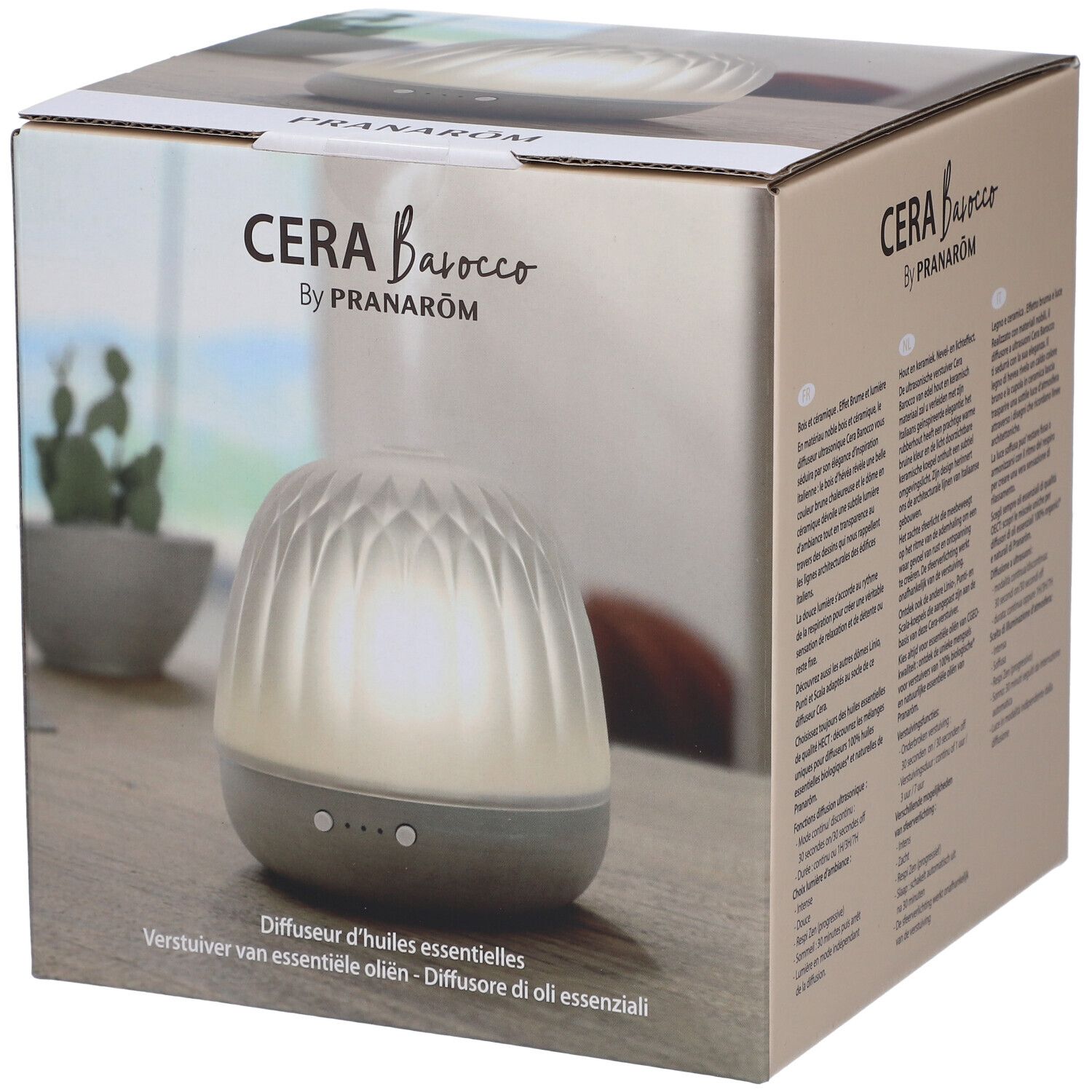 Diffuseur CERA Barocco. Base grise, dôme translucide. Boîte avec nom et logo du produit.