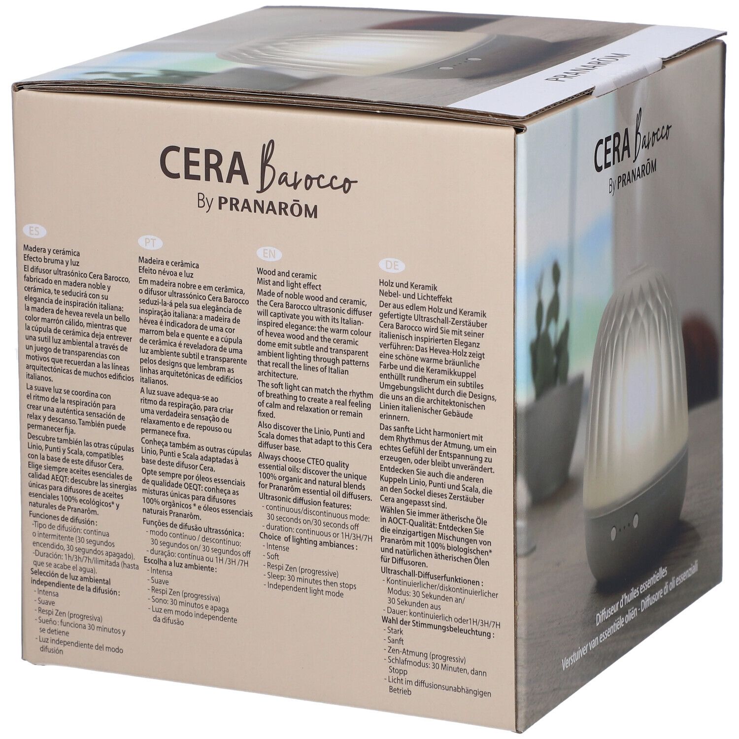Dos de l'emballage CERA Barocco. Texte en allemand, français, italien et néerlandais. Image du produit.