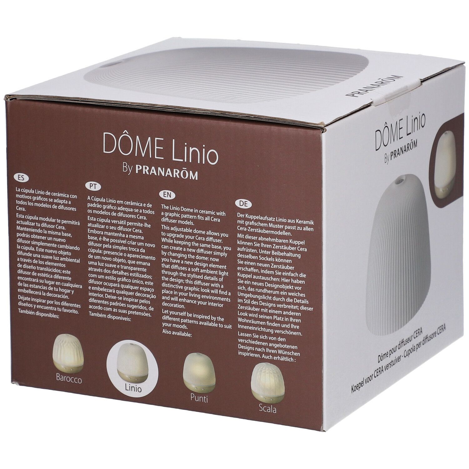 Boîte avec image du produit. Inscription: DÔME Linio by PRANARÔM. Texte multilingue. Un dôme blanc est présenté.