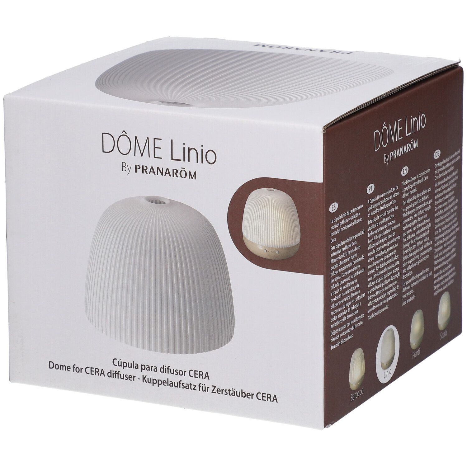 Boîte avec image du produit. Inscription: DÔME Linio by PRANARÔM. Un dôme blanc cannelé est présenté.