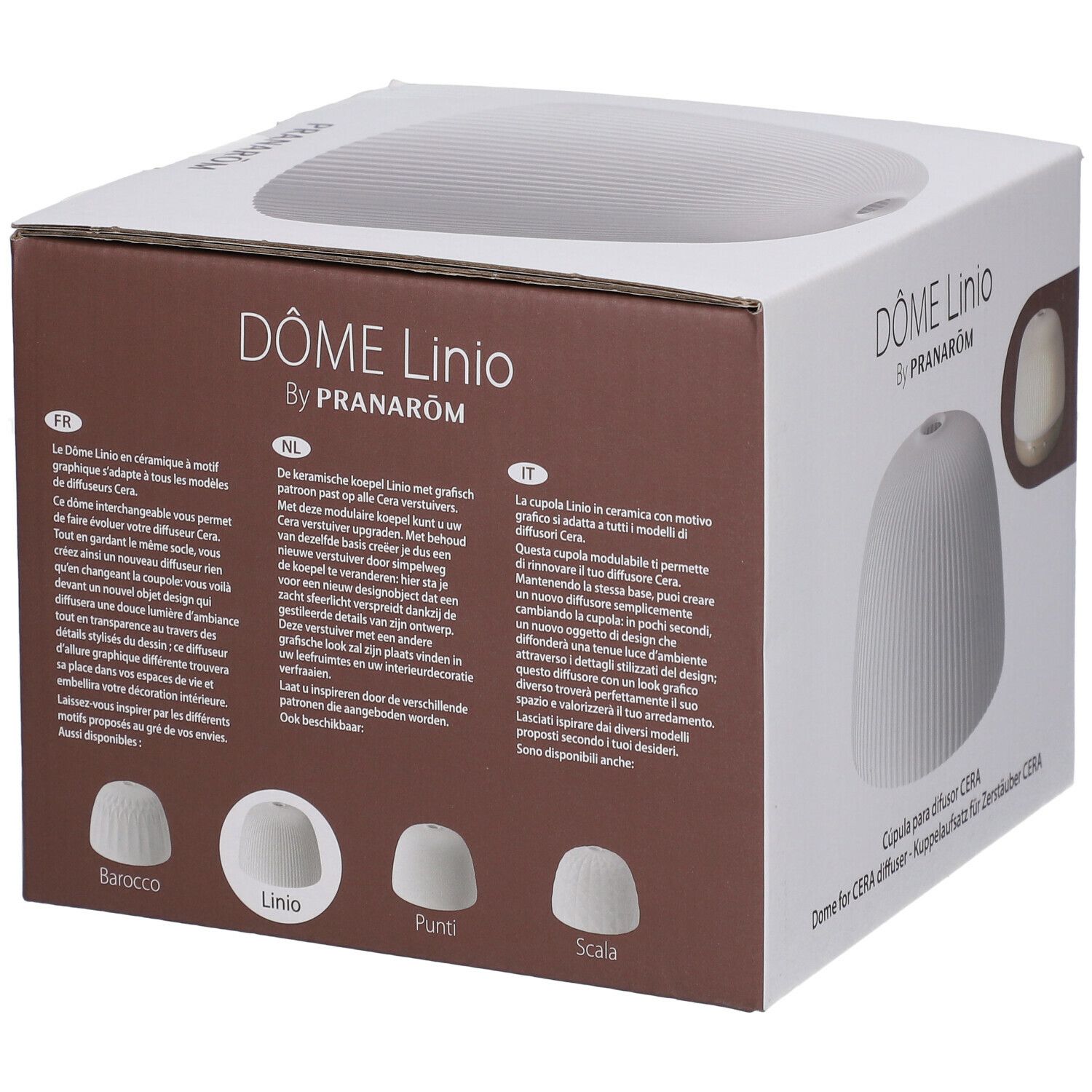 Boîte avec image du produit. Inscription: DÔME Linio by PRANARÔM. Texte multilingue. Un dôme blanc est présenté.