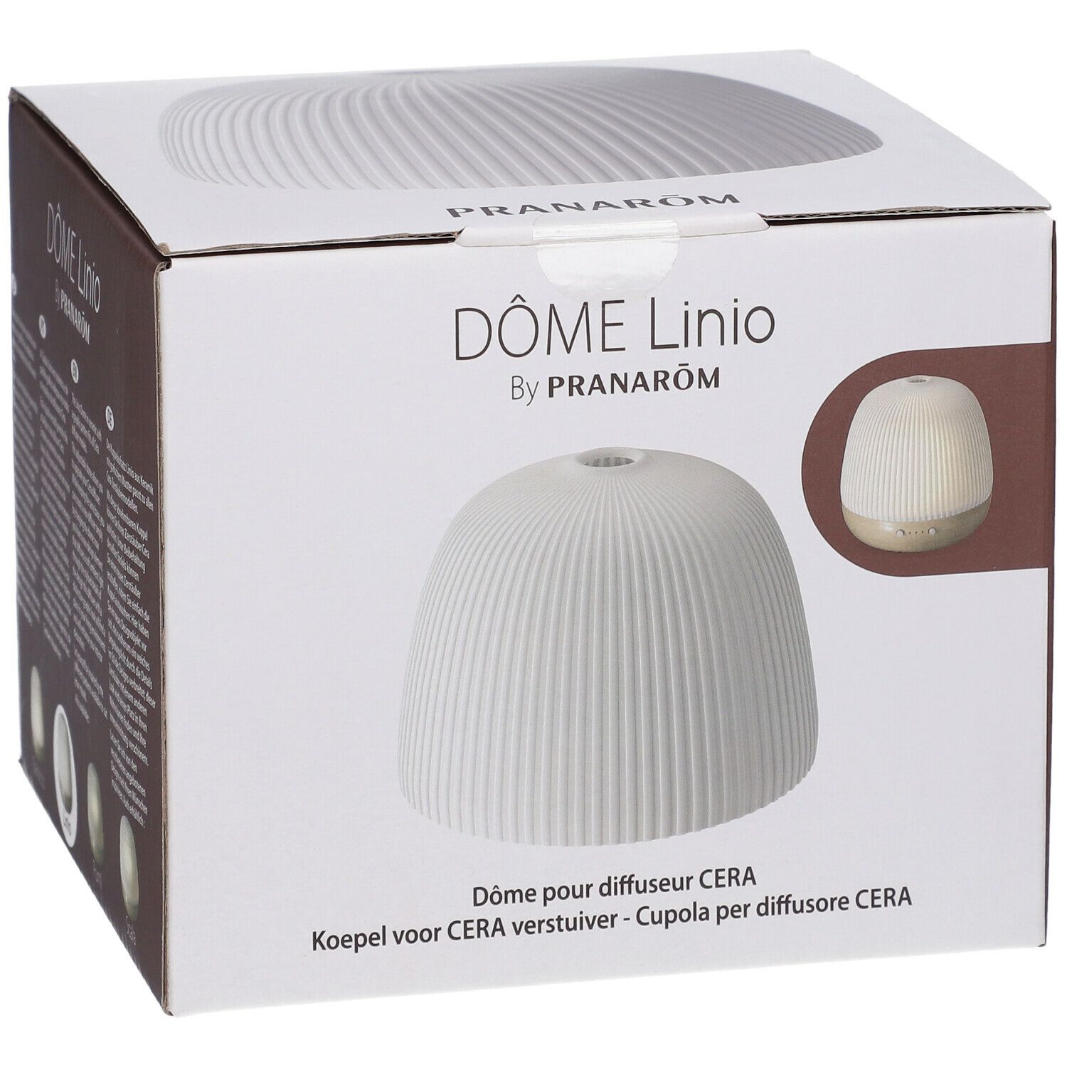 Boîte avec image du produit. Inscription: DÔME Linio by PRANARÔM. Un dôme blanc cannelé est présenté.
