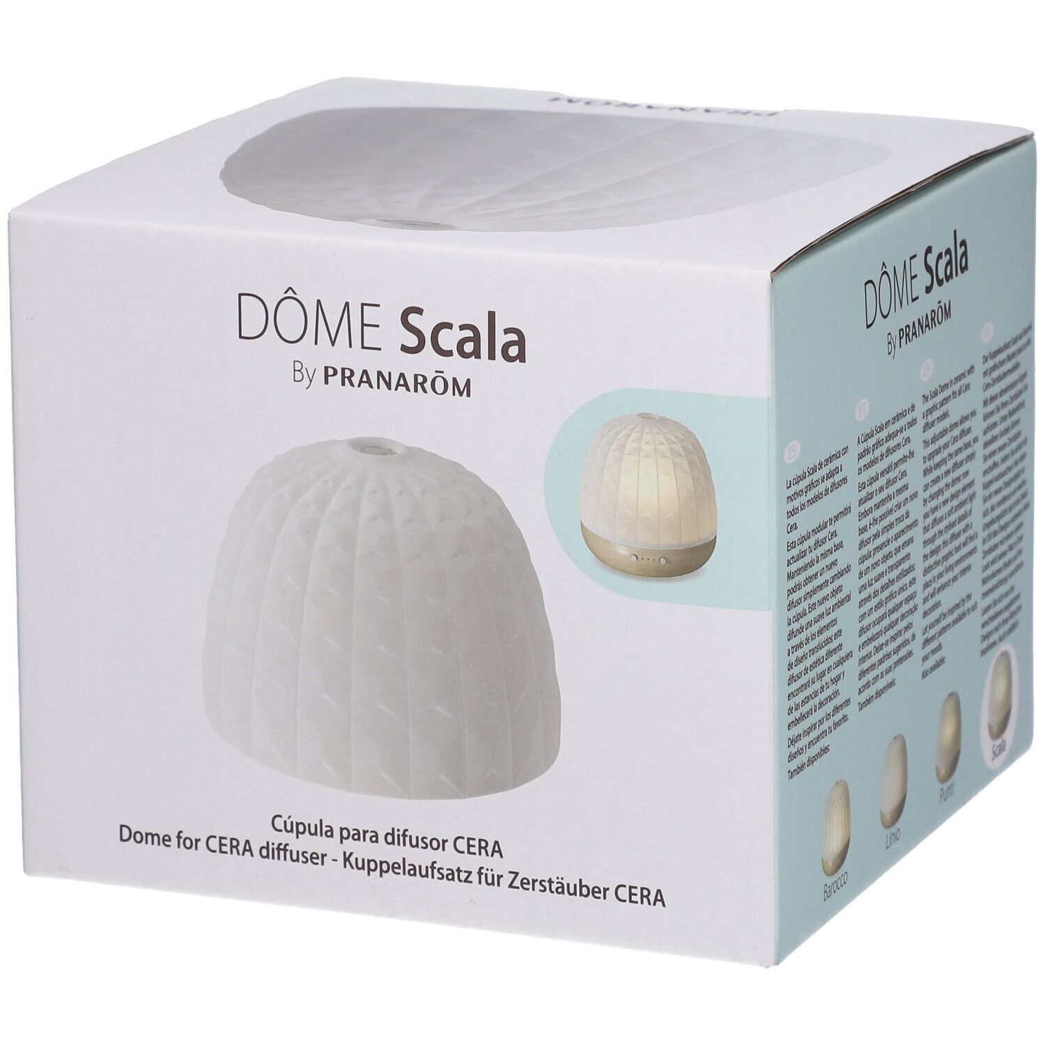 Verpackung mit weißer Kuppel und geometrischem Muster. Text: DÔME Scala by PRANARÔM. Produktabbildung.