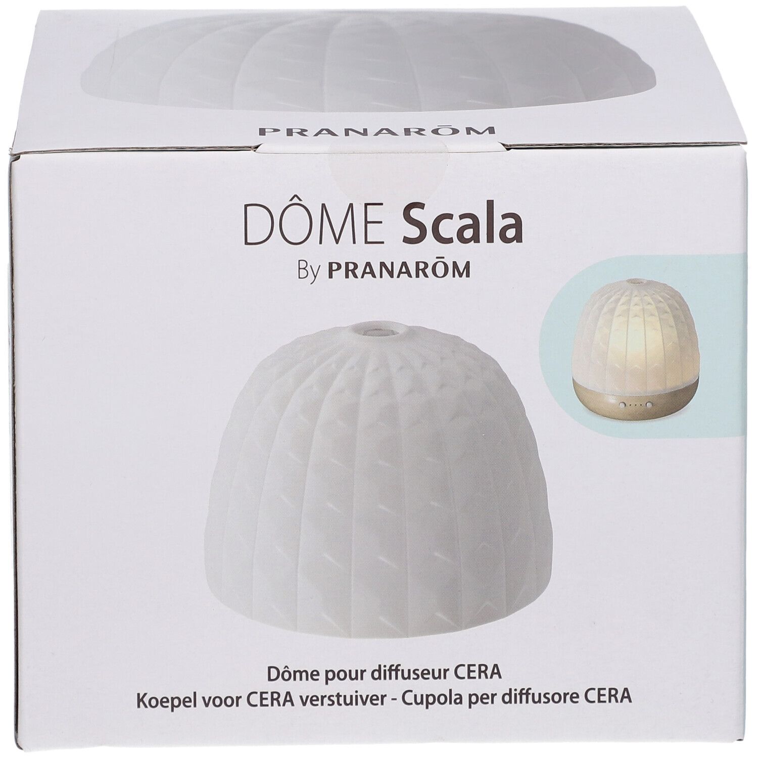 Verpackung mit weißer Kuppel und geometrischem Muster. Text: DÔME Scala by PRANARÔM. Produktabbildung.