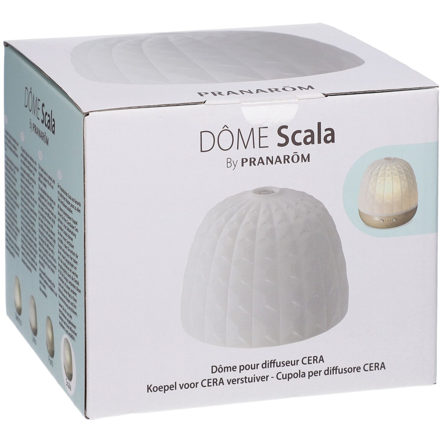Verpackung mit weißer Kuppel und geometrischem Muster. Text: DÔME Scala by PRANARÔM. Produktabbildung.