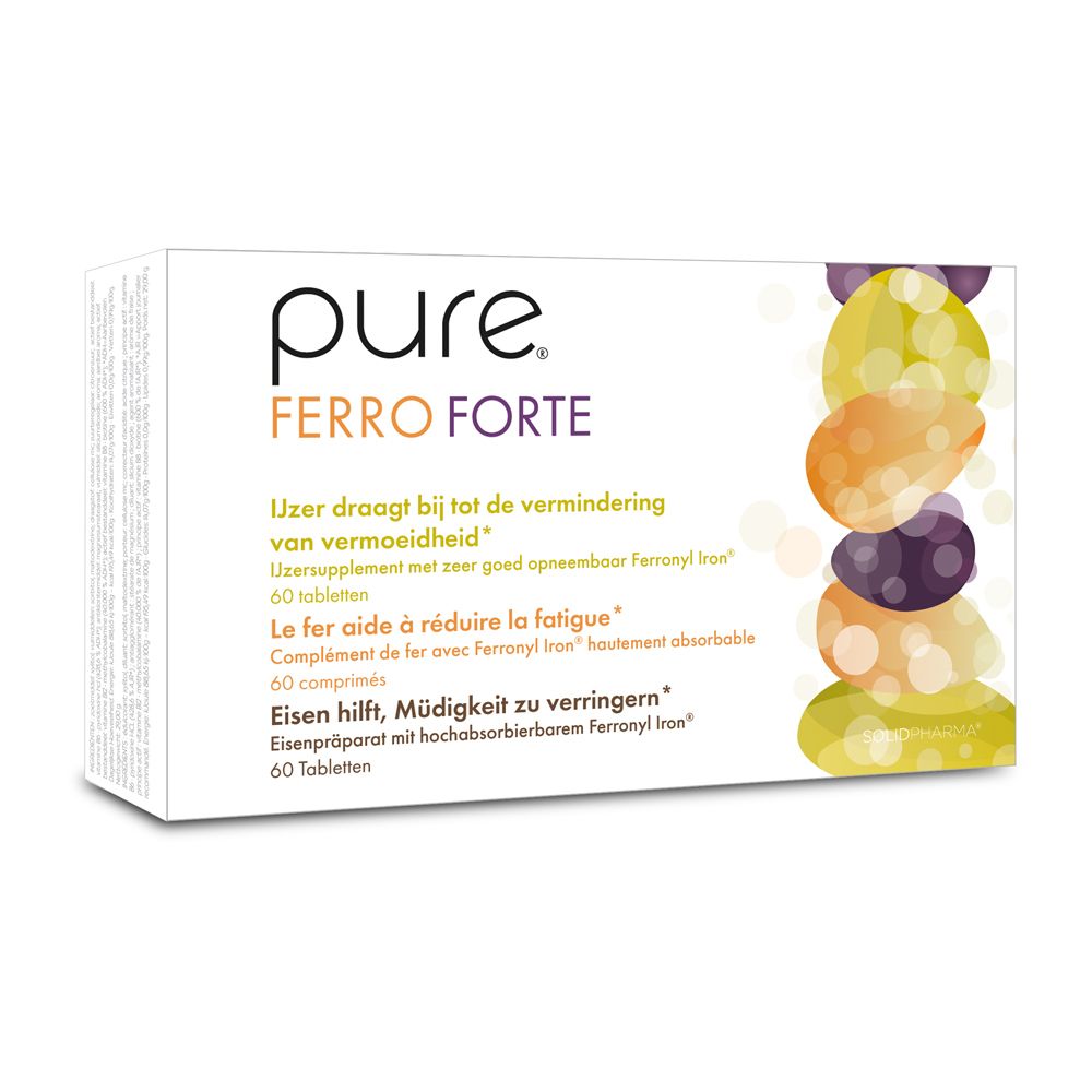 Witte doos met pure® Ferro Forte. Bedrukt met productnaam en gekleurde vormen. Bevat 60 tabletten.