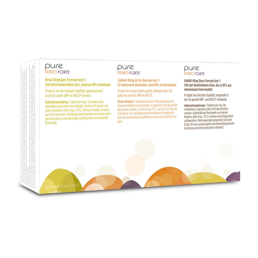 Achterkant van de pure® Ferro Forte verpakking. Tekst in het Duits, Nederlands en Frans. Bevat productinformatie.