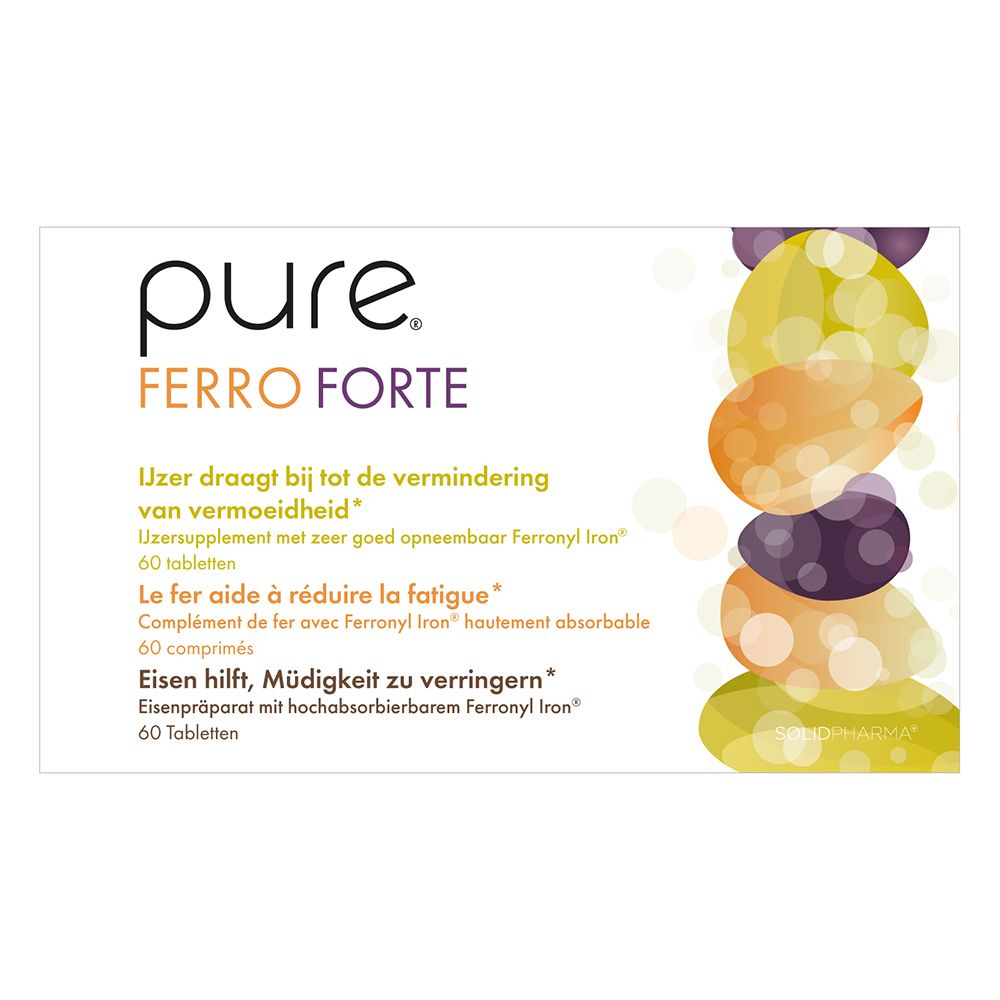 Witte doos met pure® Ferro Forte. Bedrukt met productnaam en gekleurde vormen. Bevat 60 tabletten.
