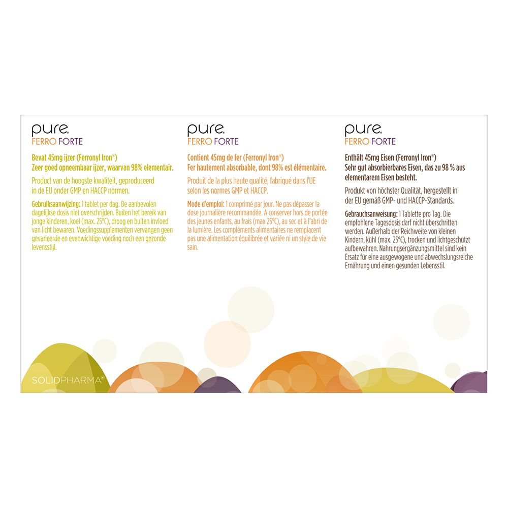 Achterkant van de pure® Ferro Forte verpakking. Tekst in het Duits, Nederlands en Frans. Bevat productinformatie.