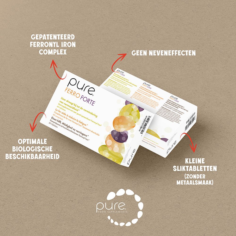 Twee pure® Ferro Forte verpakkingen. Tekst en pijlen wijzen op kenmerken: optimale biologische beschikbaarheid, kleine tabletten.