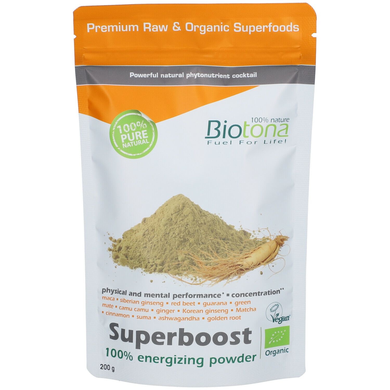 Zakje poeder. Opschrift: Biotona Superboost, 100% energiepoeder. Bevat ginseng, rode biet, guarana, matcha, etc. Vegan.