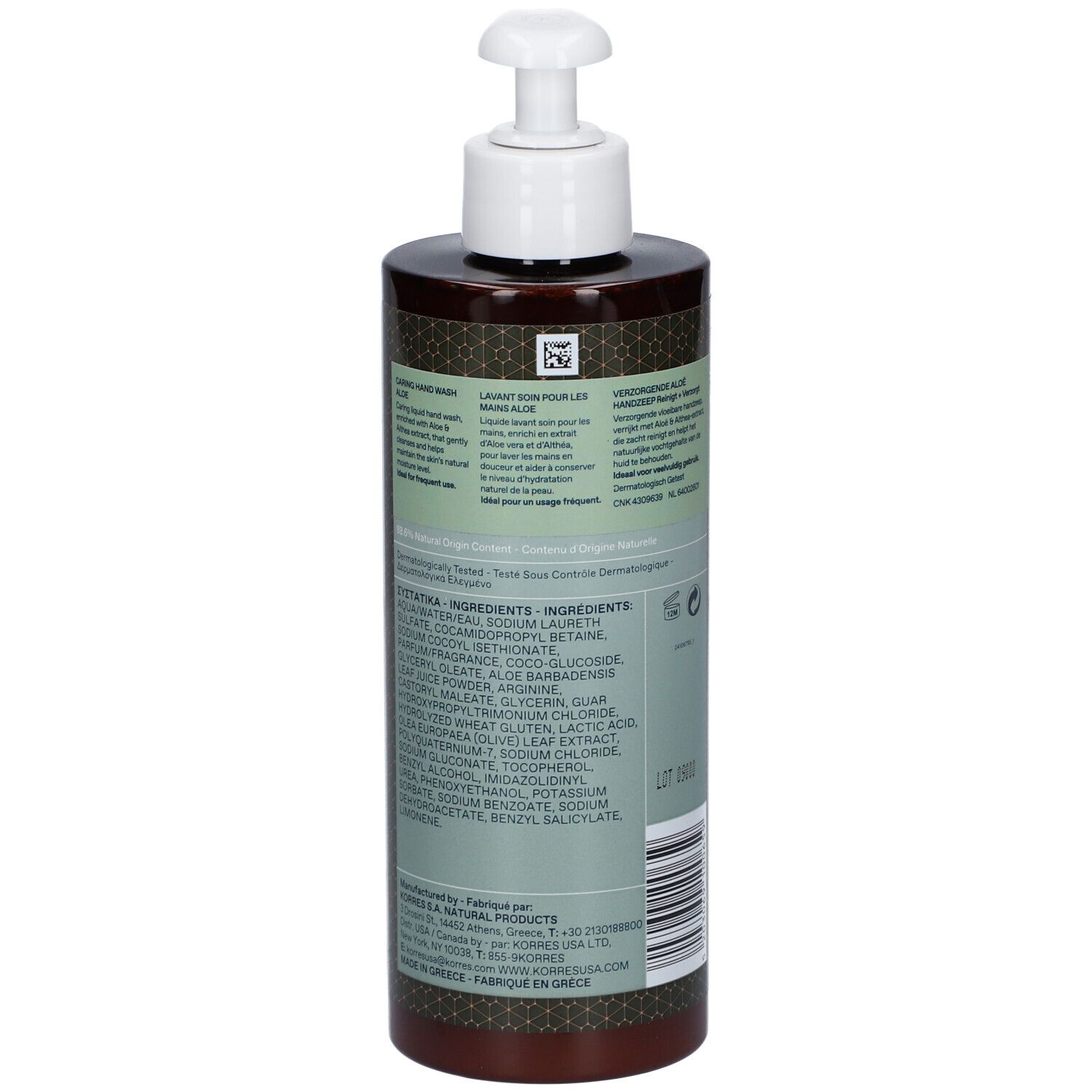 KORRES Caring Hand Wash. Bruine fles met witte pomp. Achterkant met tekst en ingrediënten.
