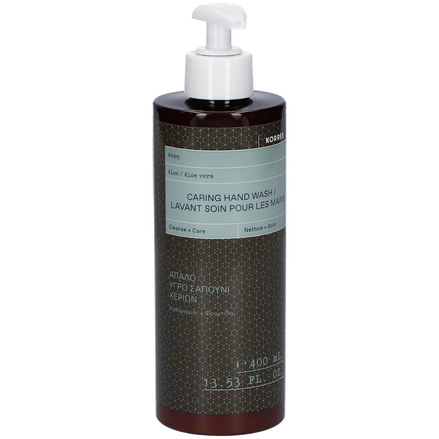 KORRES Caring Hand Wash. Bruine fles met witte pomp. Tekst: Aloe, Caring Hand Wash, 400 ml.