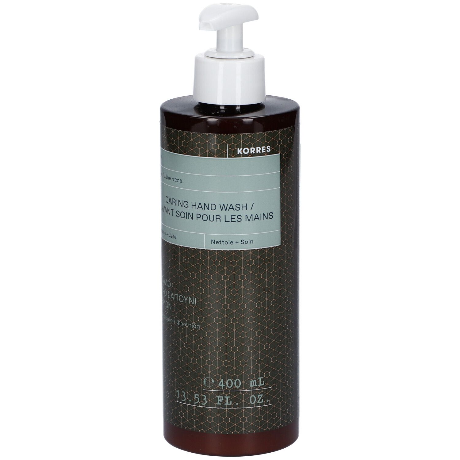 KORRES Caring Hand Wash. Bruine fles met witte pomp. Tekst: Aloe, Caring Hand Wash, 400 ml.