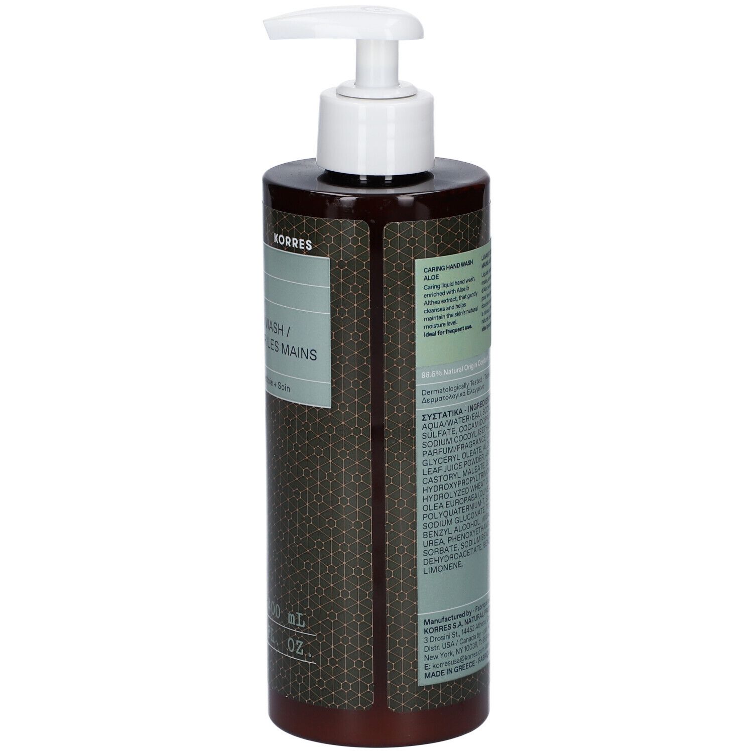 KORRES Caring Hand Wash. Bruine fles met witte pomp. Achterkant met tekst en ingrediënten.