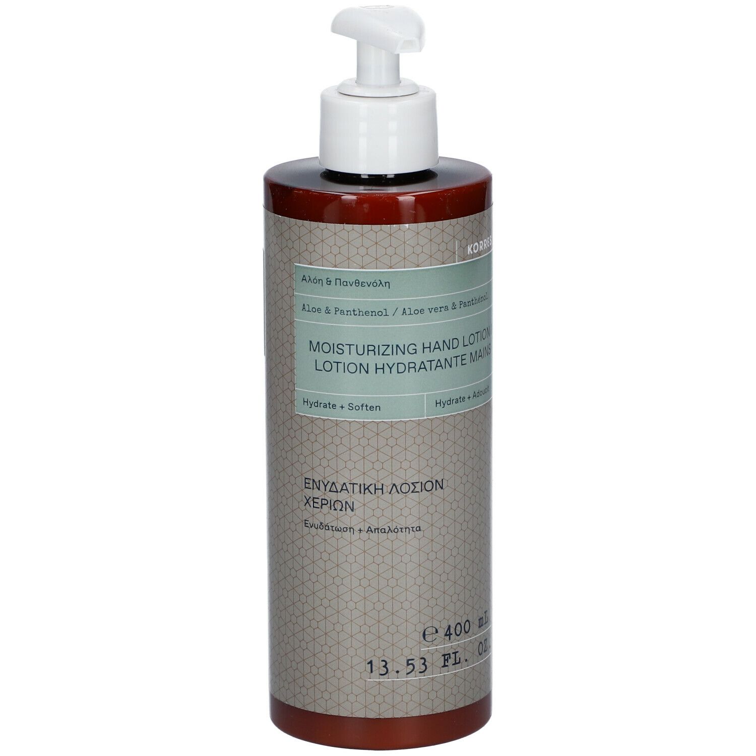Bruine fles met witte pomp. Opschrift: KORRES, Aloe & Panthenol, Moisturizing Hand Lotion.