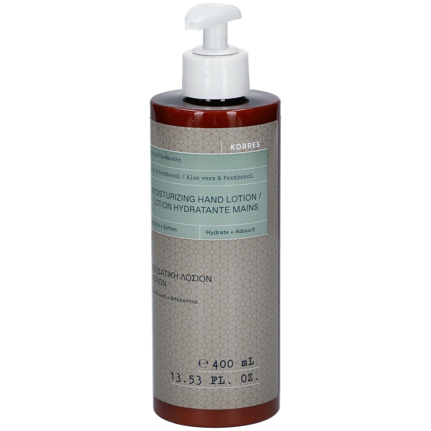 Bruine fles met witte pomp. Opschrift: KORRES, Aloe & Panthenol, Moisturizing Hand Lotion.
