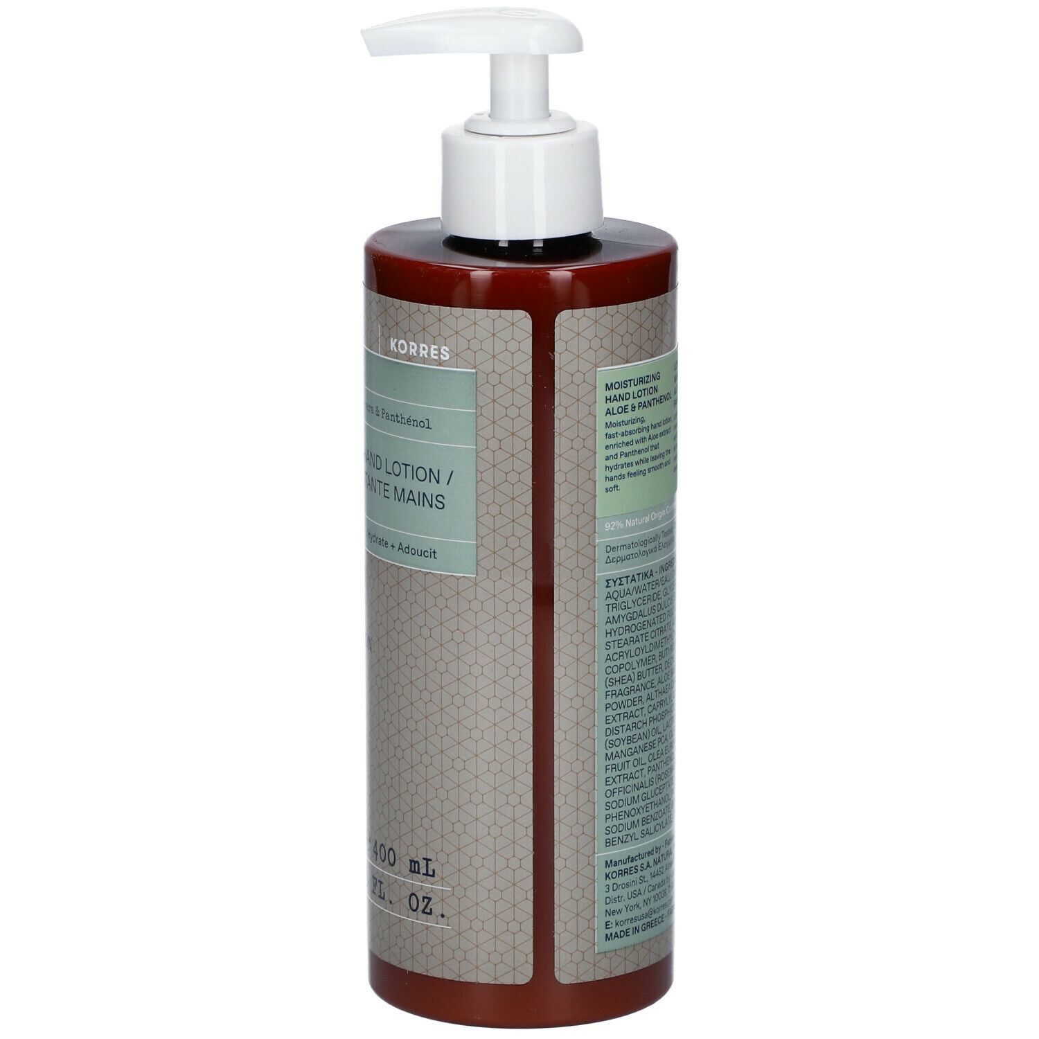 Bruine fles met witte pomp. Opschrift: KORRES, Aloe & Panthenol, Moisturizing Hand Lotion. Ingrediënten.