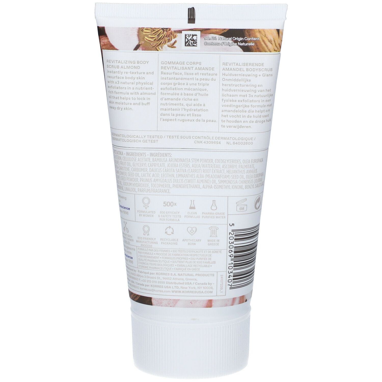 Achterkant van de KORRES lichaamsscrub tube. Tekst en ingrediënten. Logo details en barcode.