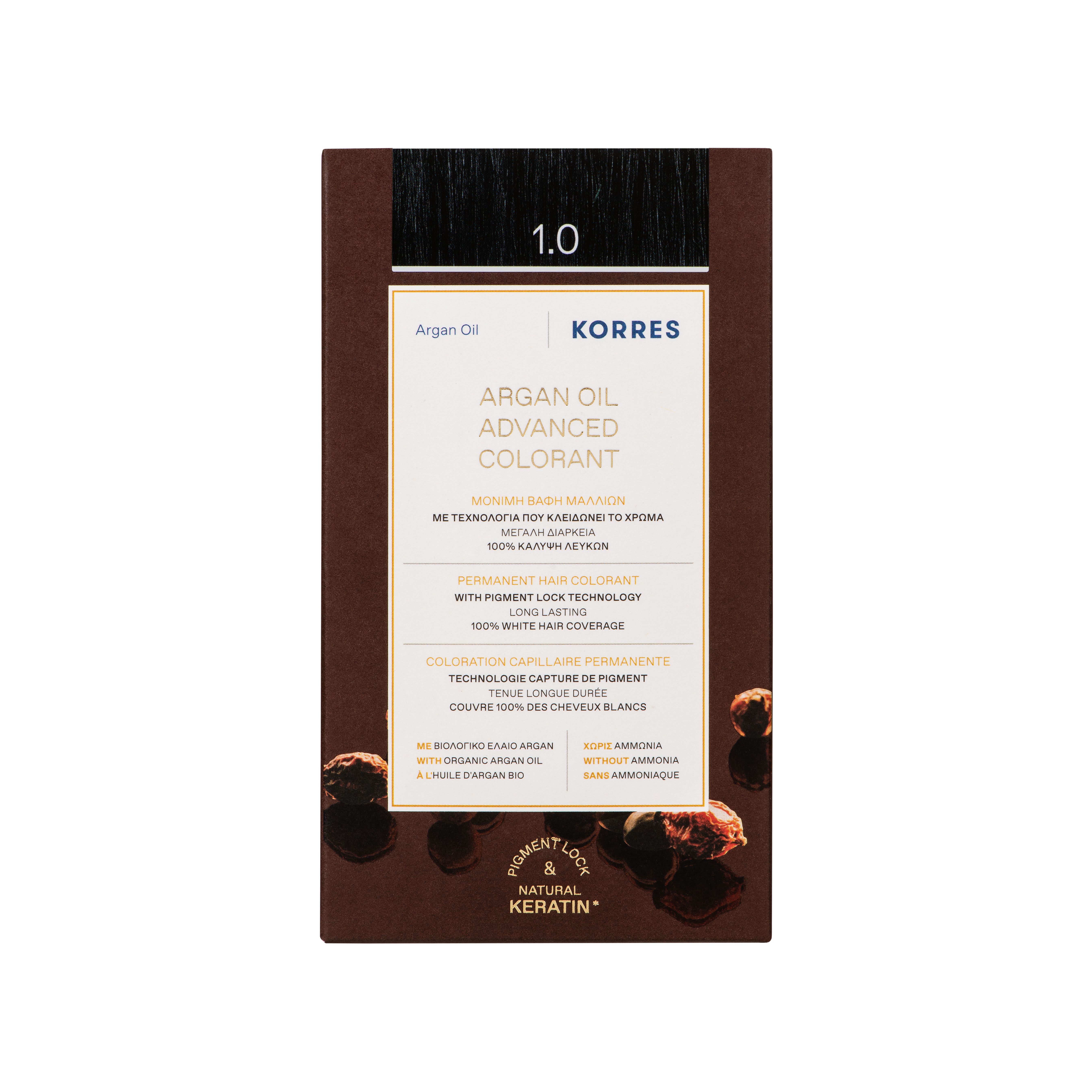 Haarkleurmiddelbox 1.0 Zwart. KORRES-logo. Arganolie formule. Permanente haarkleuring. Dekkt 100% grijs haar.