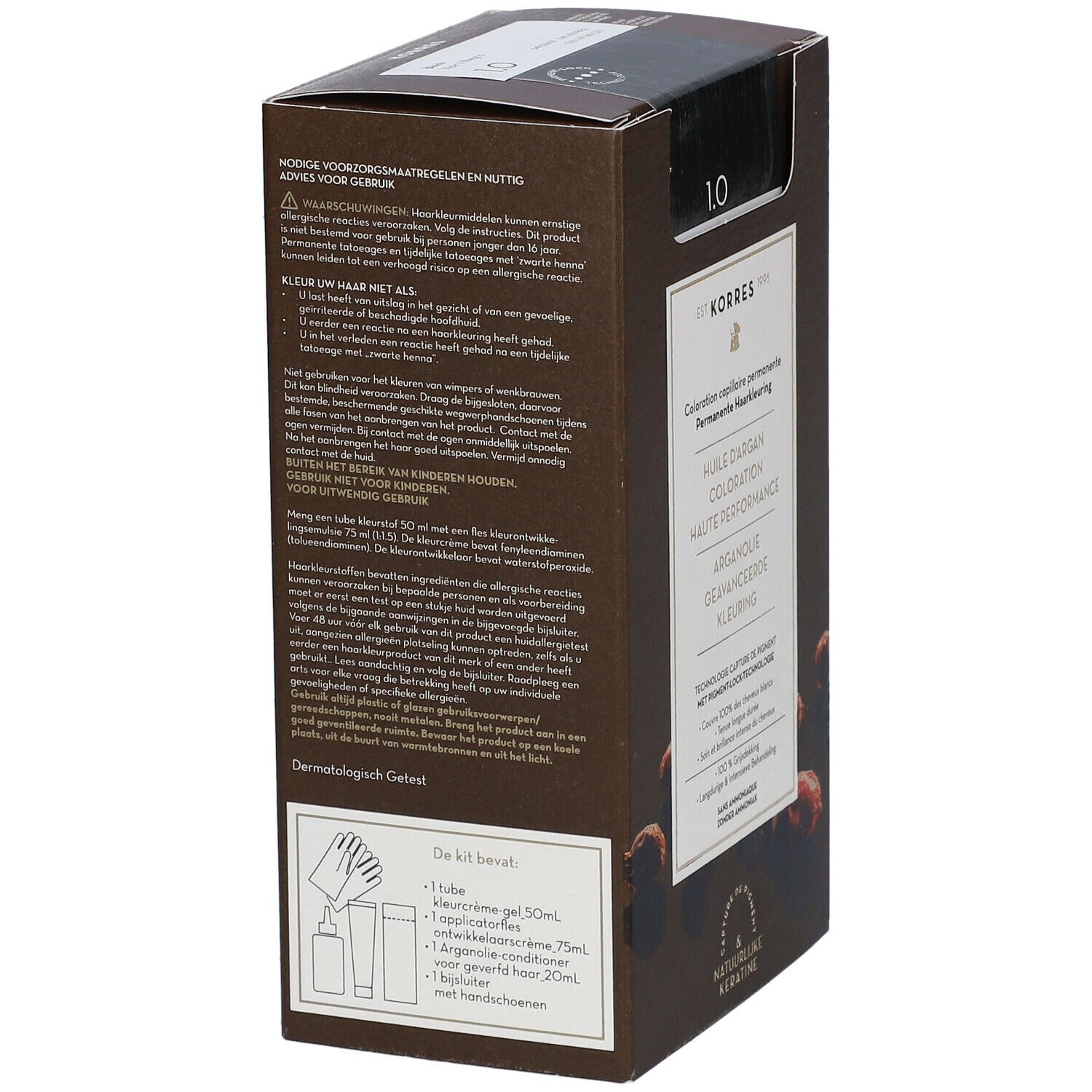 Achterkant haarkleurmiddelbox. KORRES-logo. Gebruiksaanwijzing. Dermatologisch getest. Inhoud: crème, applicator, conditioner.
