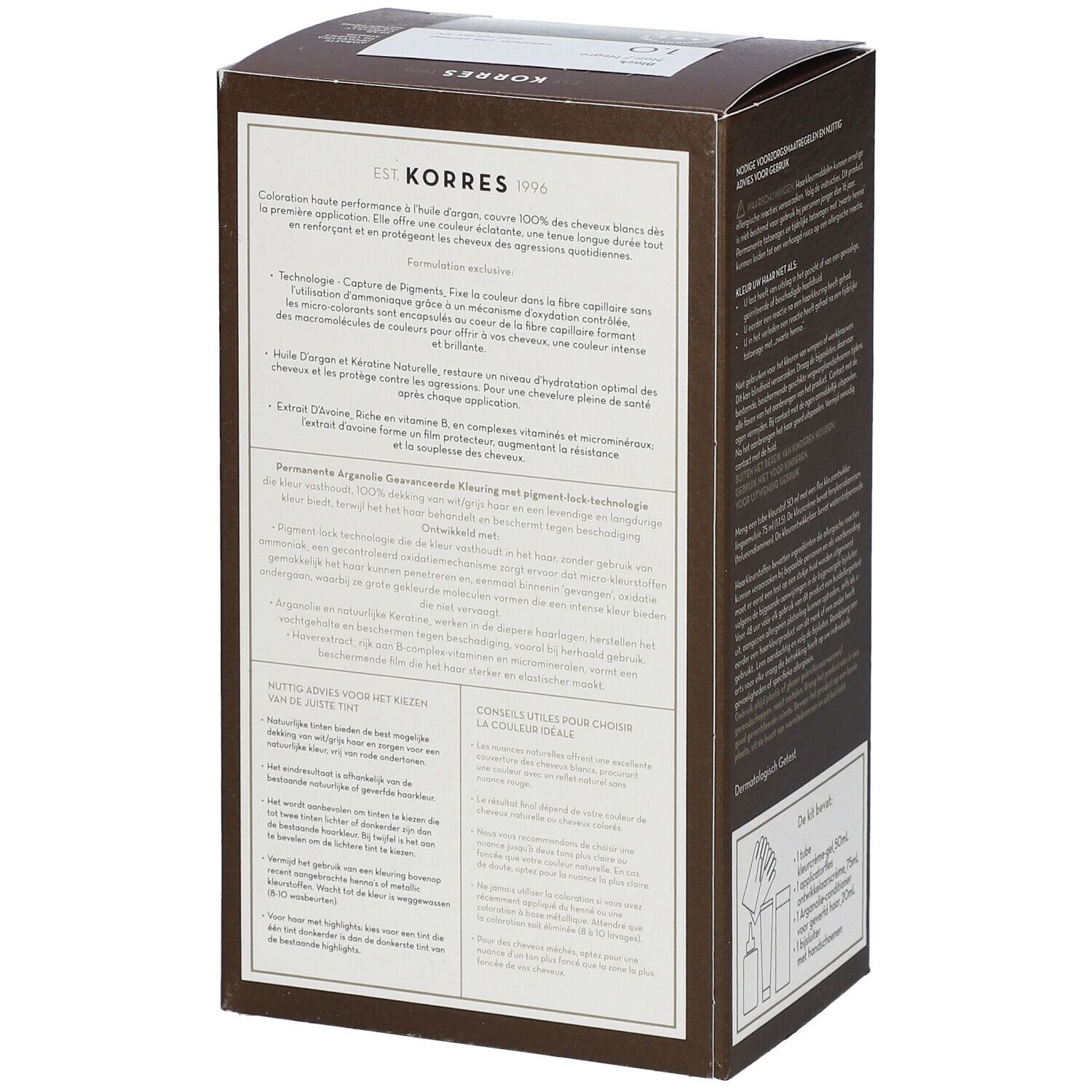 Achterkant haarkleurmiddelbox. KORRES-logo. Ingrediënten. Permanente haarkleuring met arganolie. Dermatologisch getest.