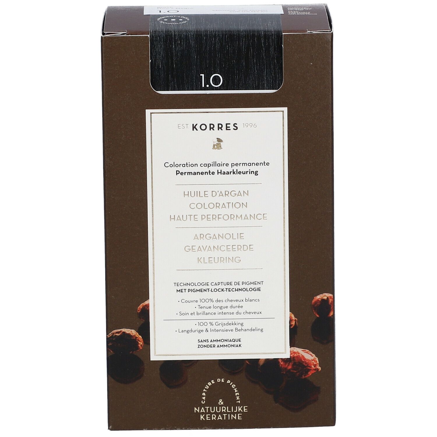 Haarkleurmiddelbox 1.0 Zwart. KORRES-logo. Permanente haarkleuring. Arganolie formule. Dekkt 100% grijs haar.