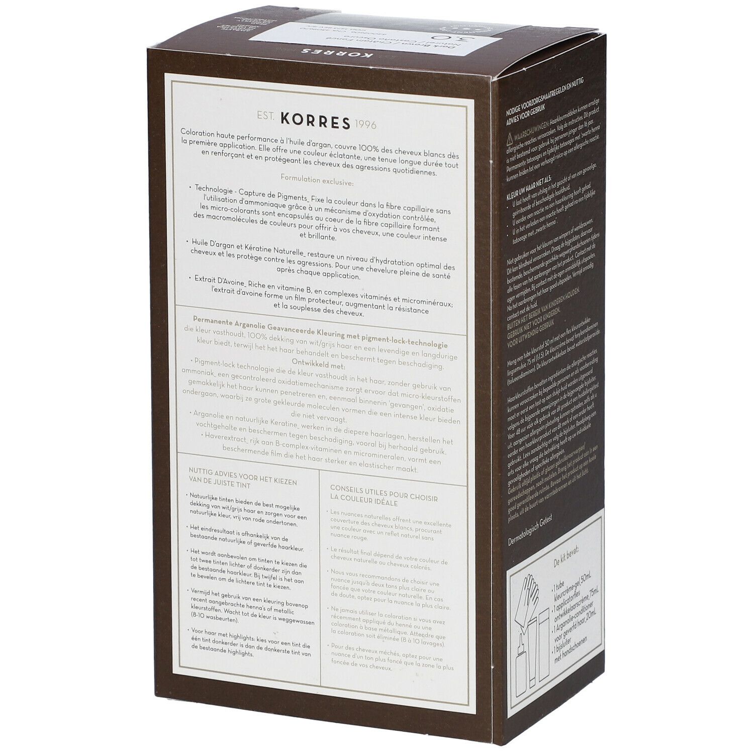 Achterkant van de KORRES Coloration 3.0 Donkerbruin verpakking. Tekst in meerdere talen. Informatie over ingrediënten en gebruik.